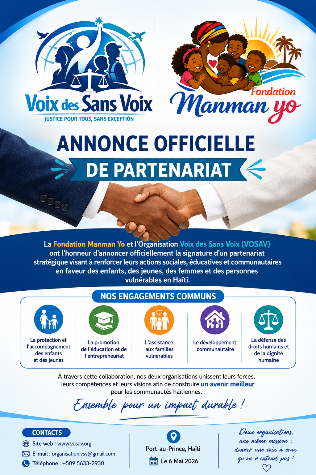 Annonce Officielle de partenariat entre la Fondation Manman Yo et l’Organisation Voix des Sans Voix (VOSAV
