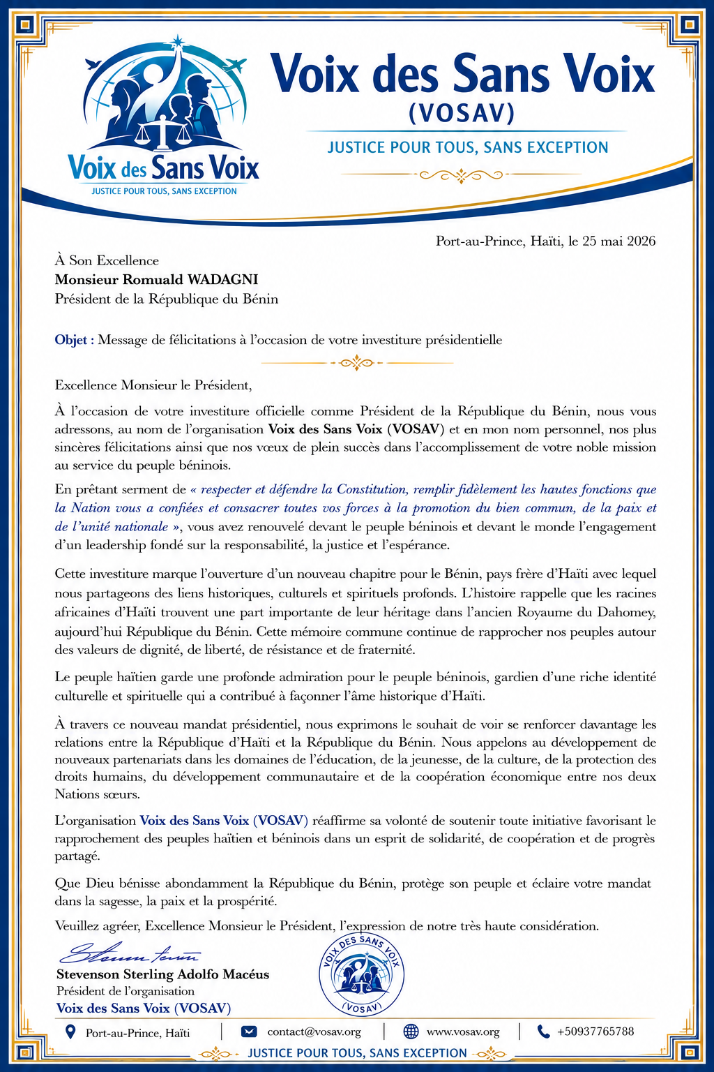 Message de félicitations à l’occasion de votre investiture présidentielle
